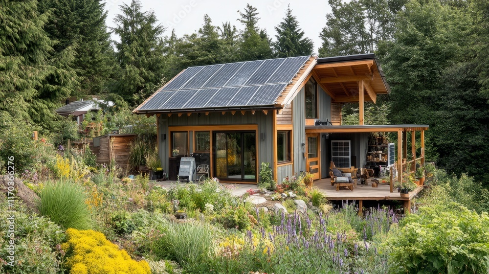 A contemporary energy-efficient home with solar panels, a compact heat pump, and a garden of native plants for sustainable living