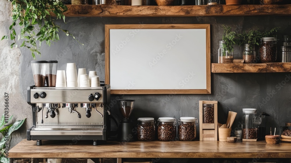 A cozy coffee corner with a blank wall frame, a professional coffee machine, and wooden shelves displaying rustic jars and fresh coffee beans A cozy coffee corner with a blank wall frame, a professional coffee machine, and wooden shelves displaying rustic jars and fresh coffee beans