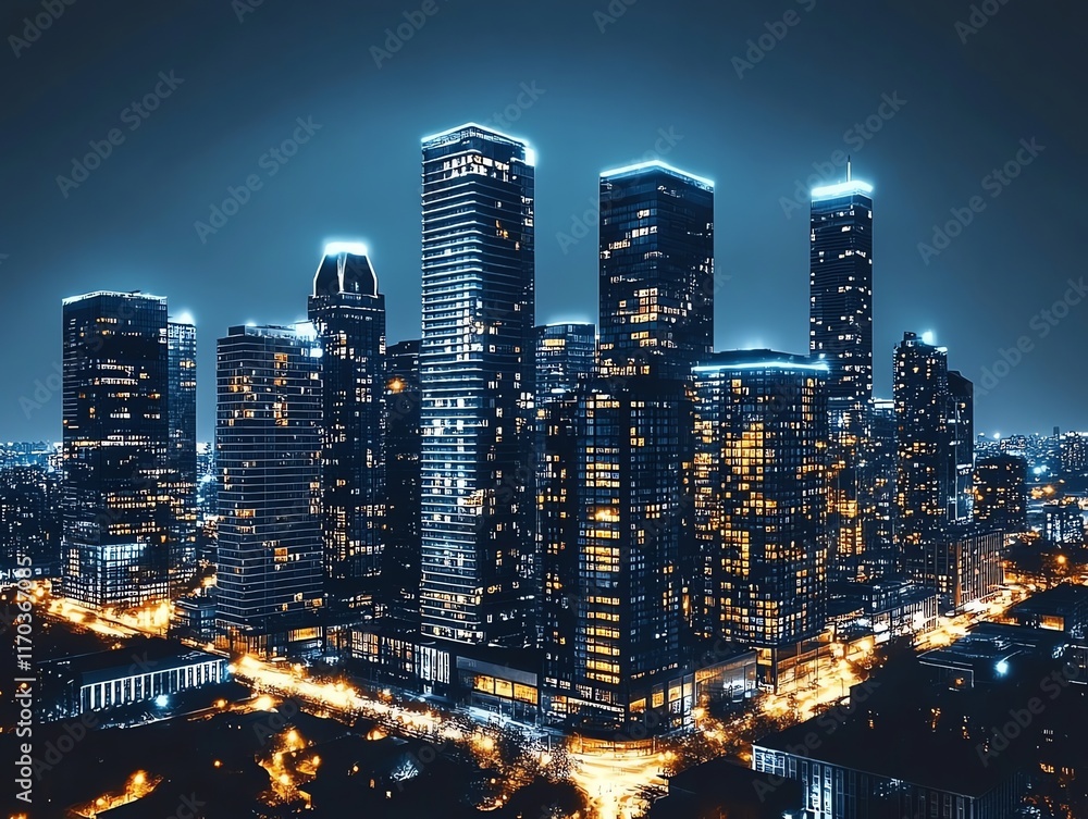 Obraz premium Night Cityscape: Illuminated Towers in a Moody Blue