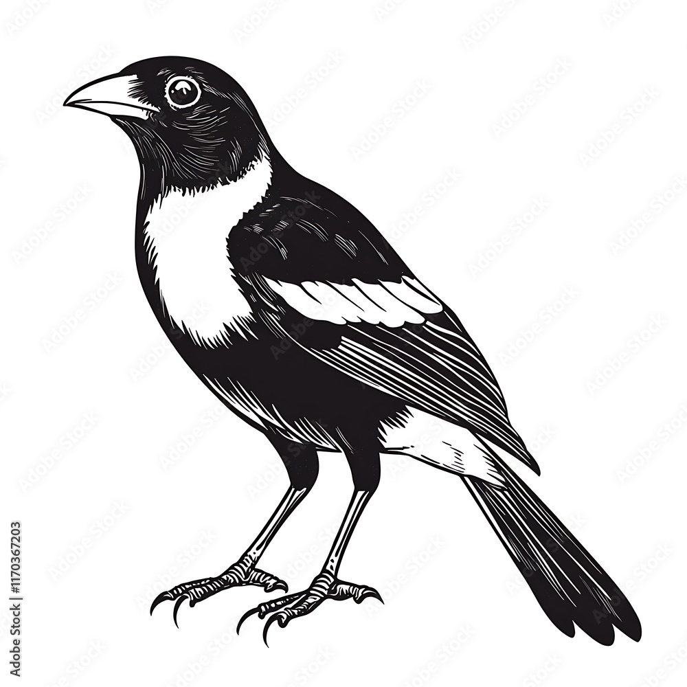 Fototapeta premium Black and white magpie, standing, illustration.