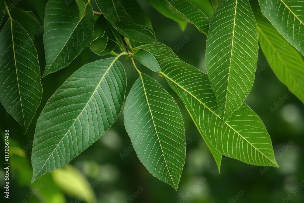 Green Leaves Grow on Branch in Forest, Showing Nature's Beauty and Freshness. Green Leaves Grow on Branch in Forest, Showing Nature's Beauty and Freshness.