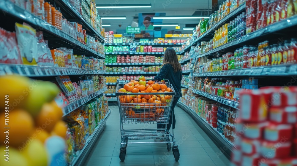 Fototapeta premium Grocery Shopping: A Woman Selecting Fresh Oranges in a Supermarket Aisle