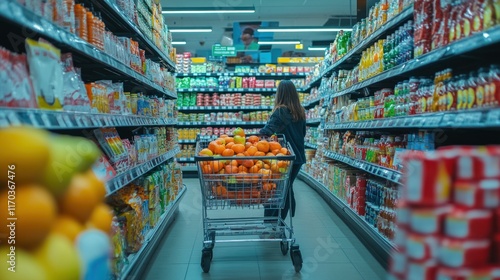 Grocery Shopping: A Woman Selecting Fresh Oranges in a Supermarket Aisle photo