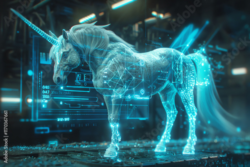 Illustrate a side view of majestic unicorns and dragons navigating advanced holographic interfaces, with ethereal glows highlighting intricate biological-inspired machinery, blending nature and techno photo