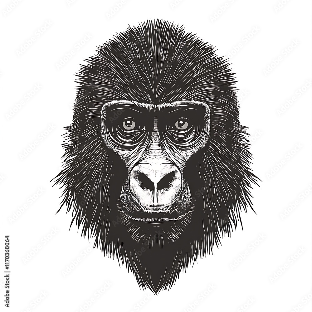 Fototapeta premium Black and white detailed head of a gorilla illustration.