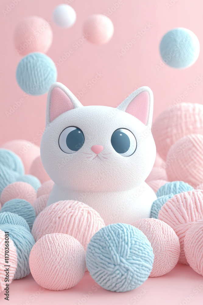 Obraz premium Adorable White Cat with Pastel Yarn Balls