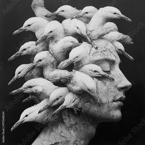 Surreal Monochrome Portrait: Woman and Birds Sculpture photo