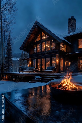 Alpine ski lodge with roaring outdoor fire photo