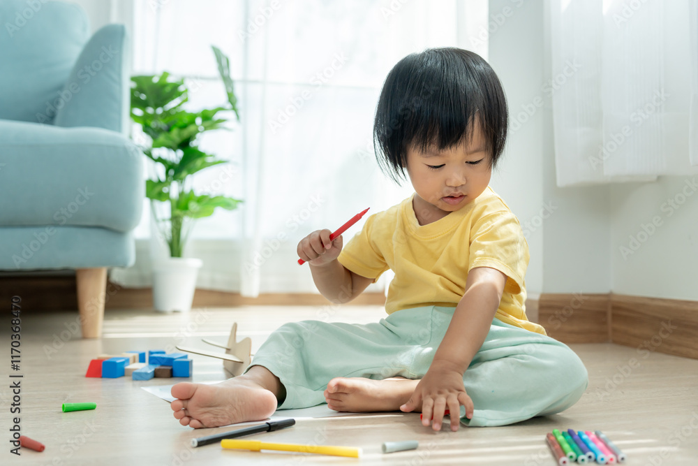 Happy Asia children playing learning paint on paper. Activity, development, IQ, EQ, meditation, brain, muscles, essential skills, family having fun spending time together. Holiday