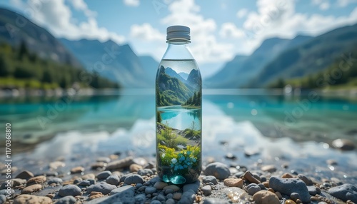 Pristine Reflection: A refreshing bottle of water, held in the tranquil heart of nature, mirroring a stunning mountainscape vista in transparent purity. 