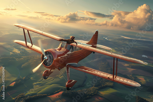 Render a 3D digital image of a dashing aviator stealing a kiss from their love interest on the wing of a retro propeller aircraft flying over a picturesque countryside photo