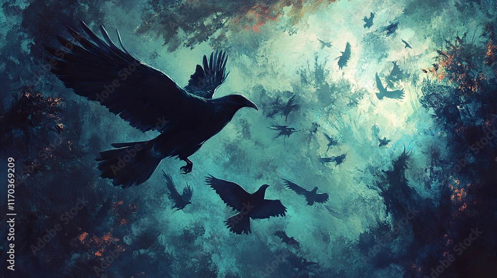 Fototapeta premium Dark Birds in Flight: A Mystical Avian Painting