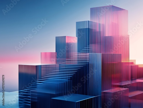 Fototapeta Naklejka Na Ścianę i Meble -  Abstract Glass Cityscape Staircase Ascent Design