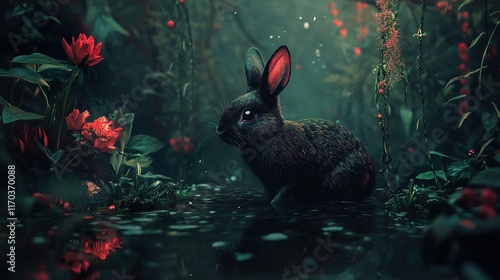 Dark Rabbit in a Mystical Forest photo