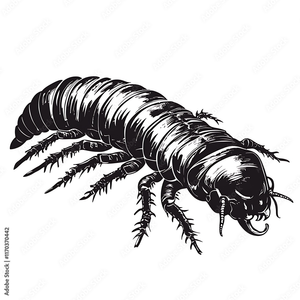 Black and white sketch of a segmented grub, with multiple legs and antennae. Black and white sketch of a segmented grub, with multiple legs and antennae.