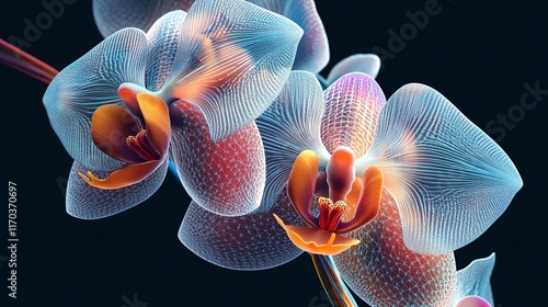 Delicate close-up of vibrant, ethereal orchids showcasing intricate textures and luminous colors.