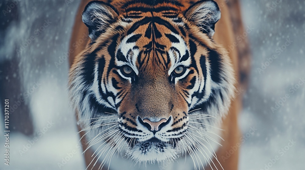 A majestic Bengal tiger prowls through a snowy landscape, showcasing its powerful stance and striking facial features. A majestic Bengal tiger prowls through a snowy landscape, showcasing its powerful stance and striking facial features.