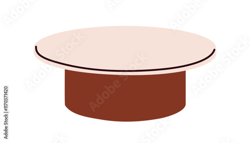 Round coffee table in modern Scandinavian style. Circle top on wide wood cyli...