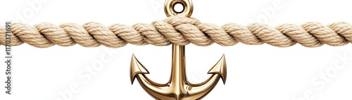 Gold anchor attached to rope on white isolate background photo