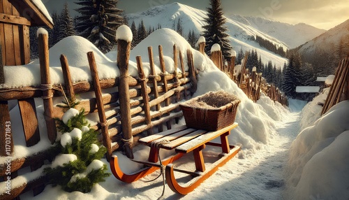 Rustic Fence with Snowy Backdrop