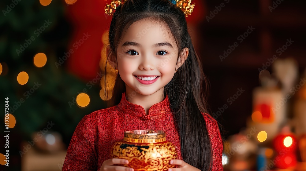 Naklejka premium Little Girl Holding a Golden Bowl with a Beautiful Christmas Tree in the Background Creating a Joyful Festive Atmosphere Filled with Wonder