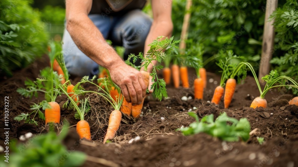 Fototapeta premium A person harvesting carrots from a garden bed, showcasing gardening activities.