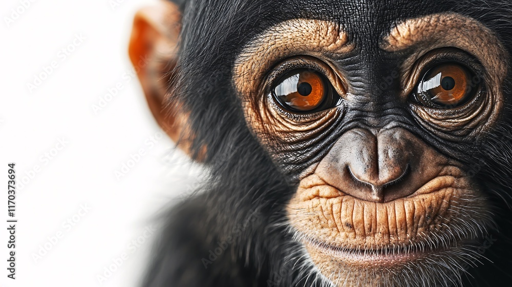 Close-up of a young chimpanzee with expressive eyes, showcasing its playful yet curious nature. Close-up of a young chimpanzee with expressive eyes, showcasing its playful yet curious nature.
