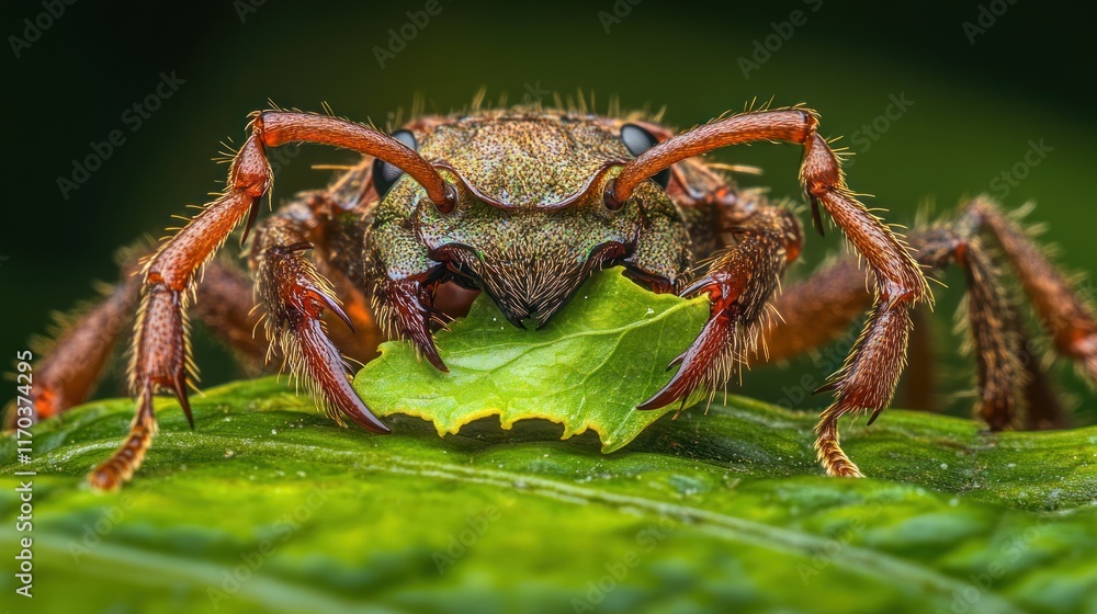 Close-up of a large ant eating a leaf. Close-up of a large ant eating a leaf.