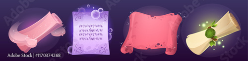 Magic parchment scrolls set isolated on background. Vector cartoon illustration of rolled old paper sheets with text and blank surface glowing in clouds of shimmering smoke and bubbles, vintage letter