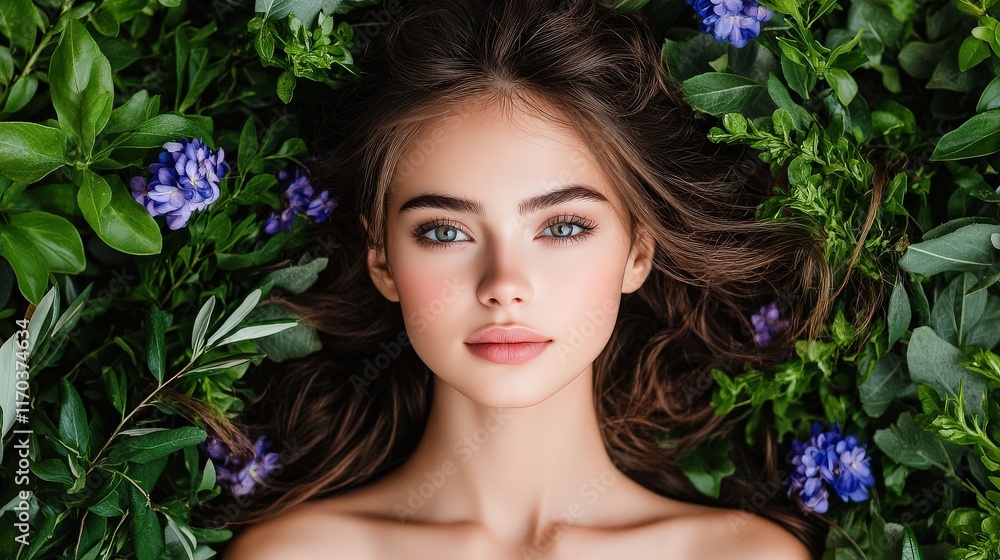 Portrait of a Thoughtful Woman with Long Brown Hair Evoking a Sense of Calm and Reflection in a Natural Outdoor Setting Surrounded by Lush Greenery Portrait of a Thoughtful Woman with Long Brown Hair Evoking a Sense of Calm and Reflection in a Natural Outdoor Setting Surrounded by Lush Greenery