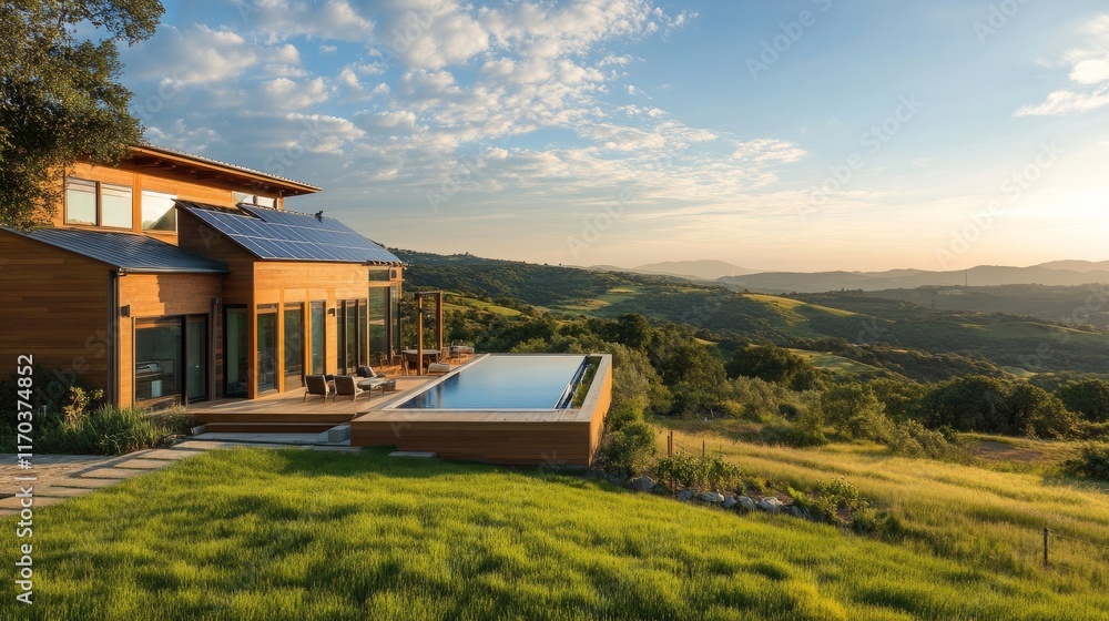 A sustainable modern residence with solar panels and a heat pump system, sitting amidst a scenic green landscape. A sustainable modern residence with solar panels and a heat pump system, sitting amidst a scenic green landscape.