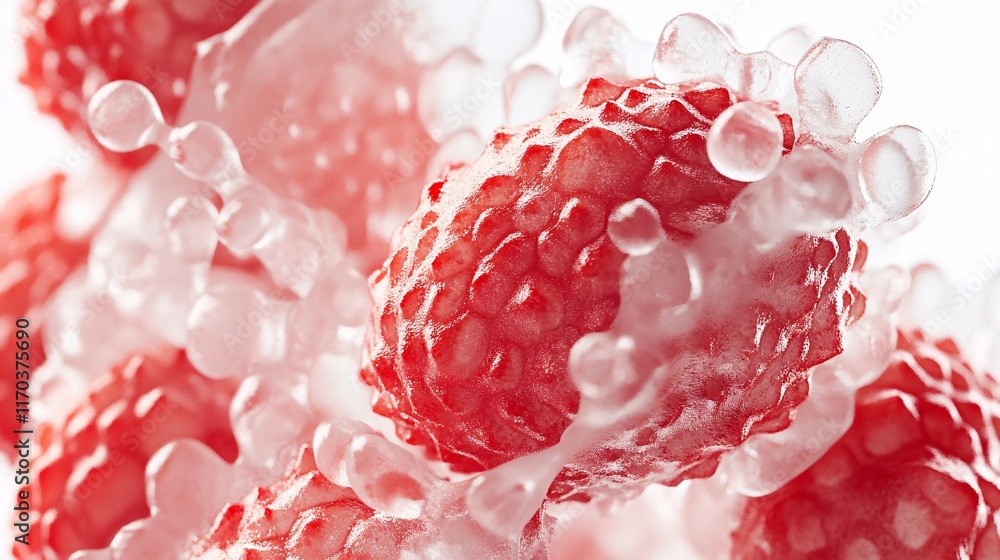 Close-up of vibrant red cellular structures with a glossy, textured surface. Close-up of vibrant red cellular structures with a glossy, textured surface.