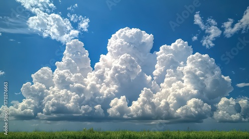 Vibrant Expansive Field of Lush Green Grass Under a Bright Blue Sky with Fluffy White Clouds Creating a Peaceful and Inviting Natural Environment photo