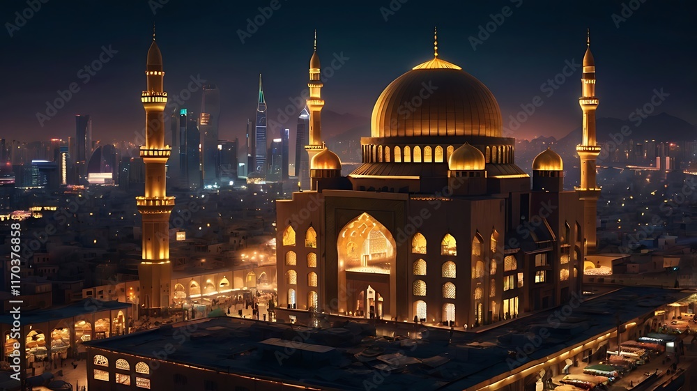 Obraz premium Illuminated Mosque at Night Cityscape Backdrop