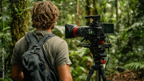 Filmmaker in Lush Rainforest Filming Wildlife Documentary