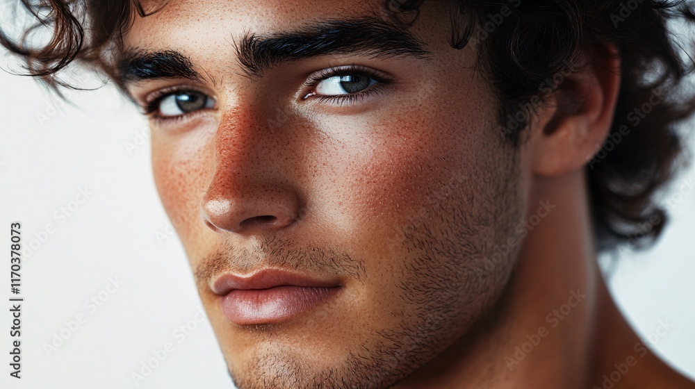 Close-up portrait of a young Caucasian male with curly hair and freckles, showcasing strong facial features and captivating blue eyes. Close-up portrait of a young Caucasian male with curly hair and freckles, showcasing strong facial features and captivating blue eyes.