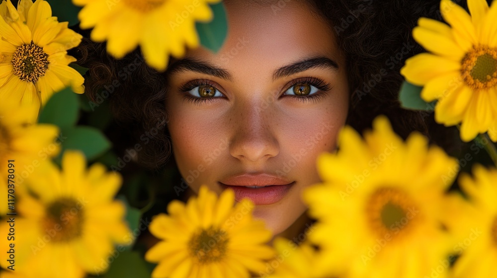 Beautiful Woman's Portrait Hidden in Sunflowers