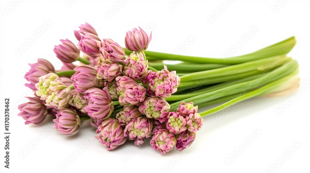 Obraz premium A vibrant bunch of pink chive flowers with green stems, showcasing their delicate yet striking beauty.