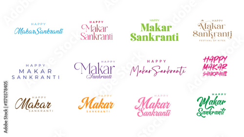 Makar Sankranti Calligraphy, Typography Set. Happy Makar Sankranti Text Typography Vector Illustration.