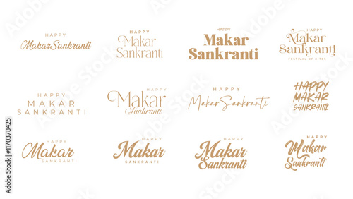 Makar Sankranti Calligraphy, Typography Set. Happy Makar Sankranti Text Typography Vector Illustration.