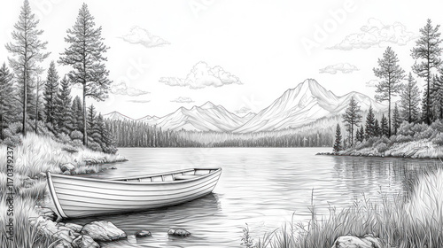 Serene pencil sketch of a boat on a lake with mountains and trees.