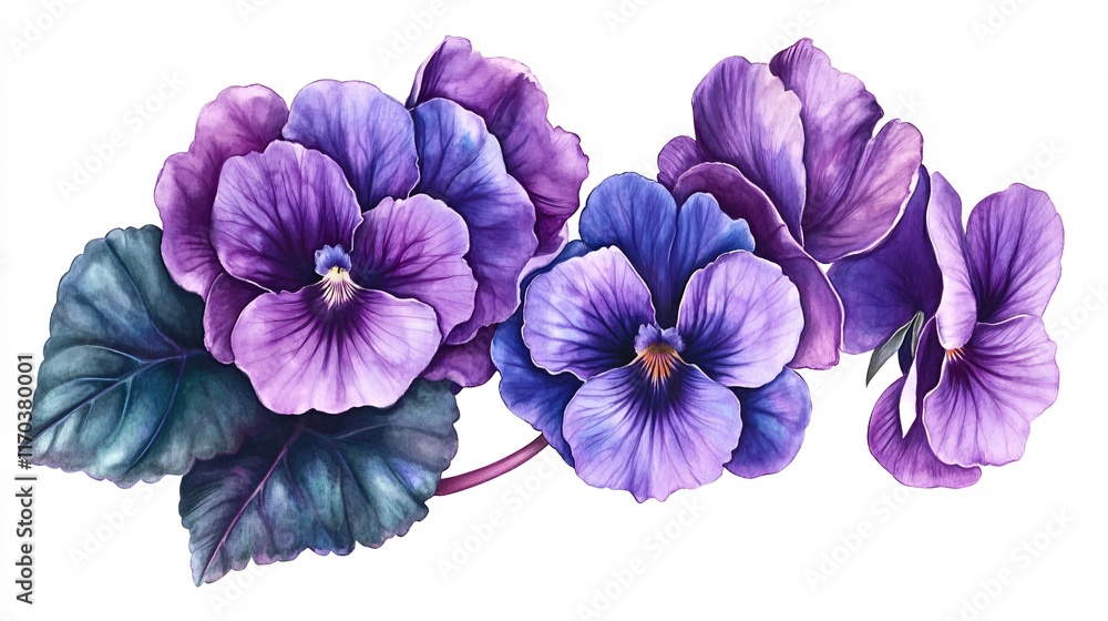 Obraz premium Vibrant purple pansies with detailed petals and lush green leaves, showcasing nature's beauty in a watercolor style.