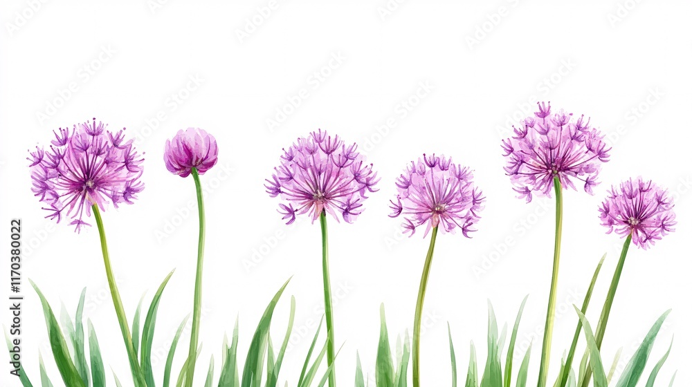 Fototapeta premium A beautiful arrangement of blooming purple flowers against a white background, showcasing varying stages of growth.