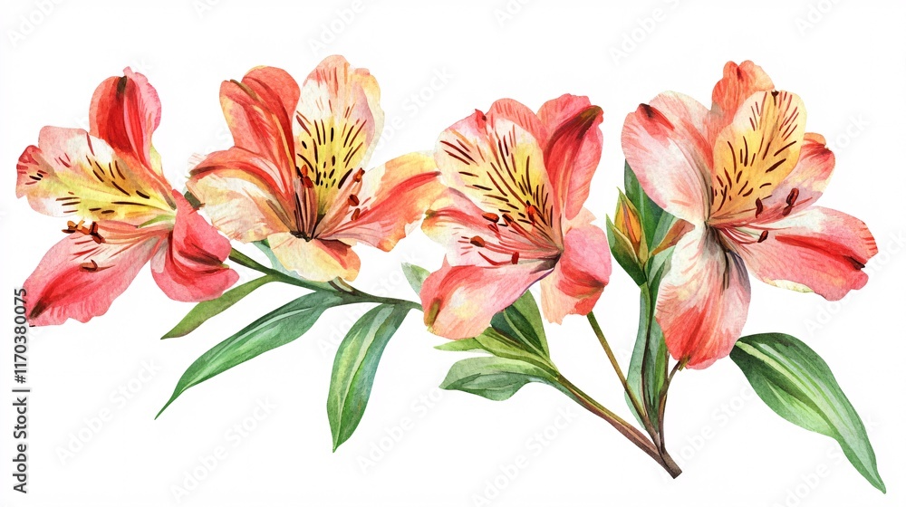 Obraz premium Beautiful watercolor painting of orange and pink lilies with delicate green leaves.