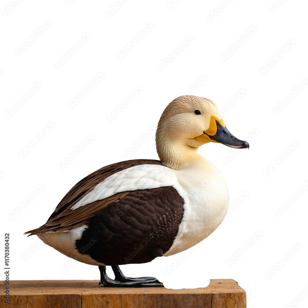 Common Eider on piece of wood isolated on white background Common Eider on piece of wood isolated on white background