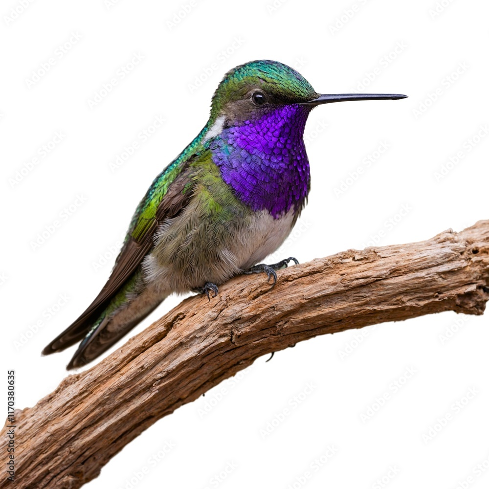 Obraz premium Costa’s Hummingbird on piece of wood isolated on white background