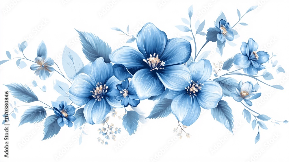 Fototapeta premium A stunning arrangement of blue flowers with delicate petals and lush green leaves, creating a serene and fresh atmosphere.