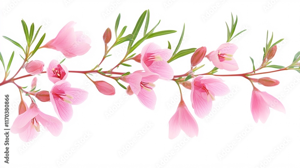 Fototapeta premium Delicate pink blossoms with green leaves, creating a fresh and vibrant floral arrangement.