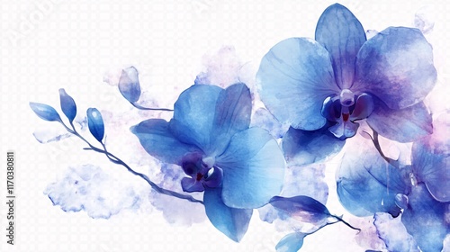 A beautiful arrangement of blue orchids with soft watercolor textures, creating a serene and calming atmosphere.