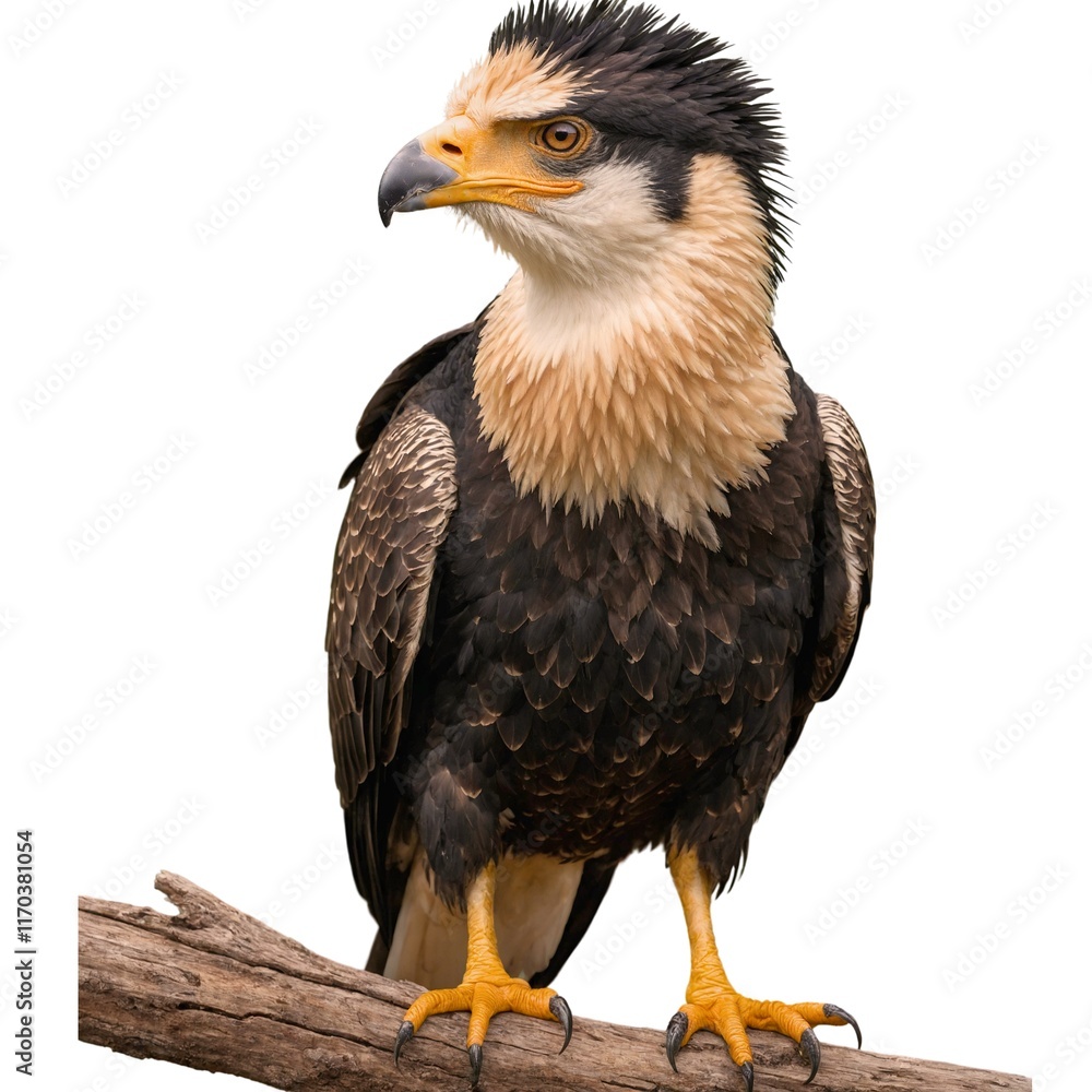 Obraz premium Crested Caracaraon piece of wood isolated on white background